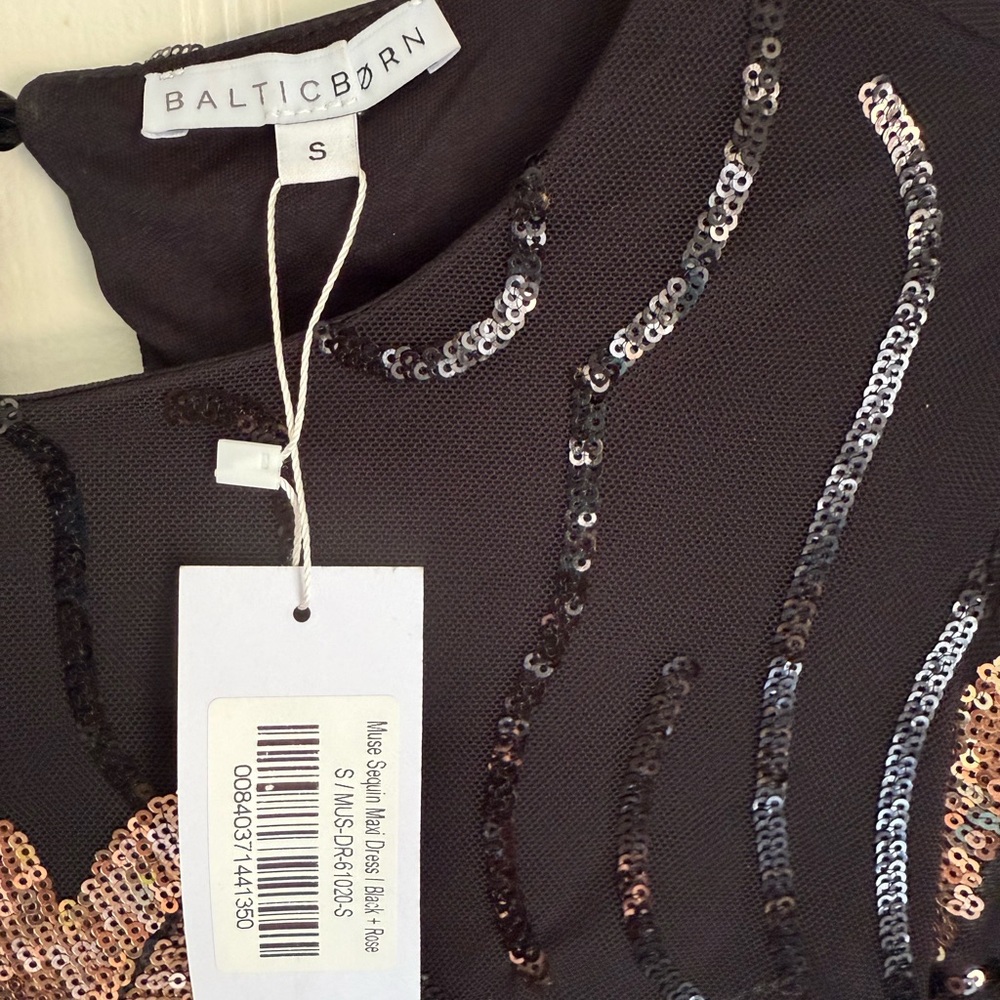 Baltic Born Muse Sequin Maxi Dress Black Rose Gold Flutter Sleeve Size 4 - Picture 4 of 11